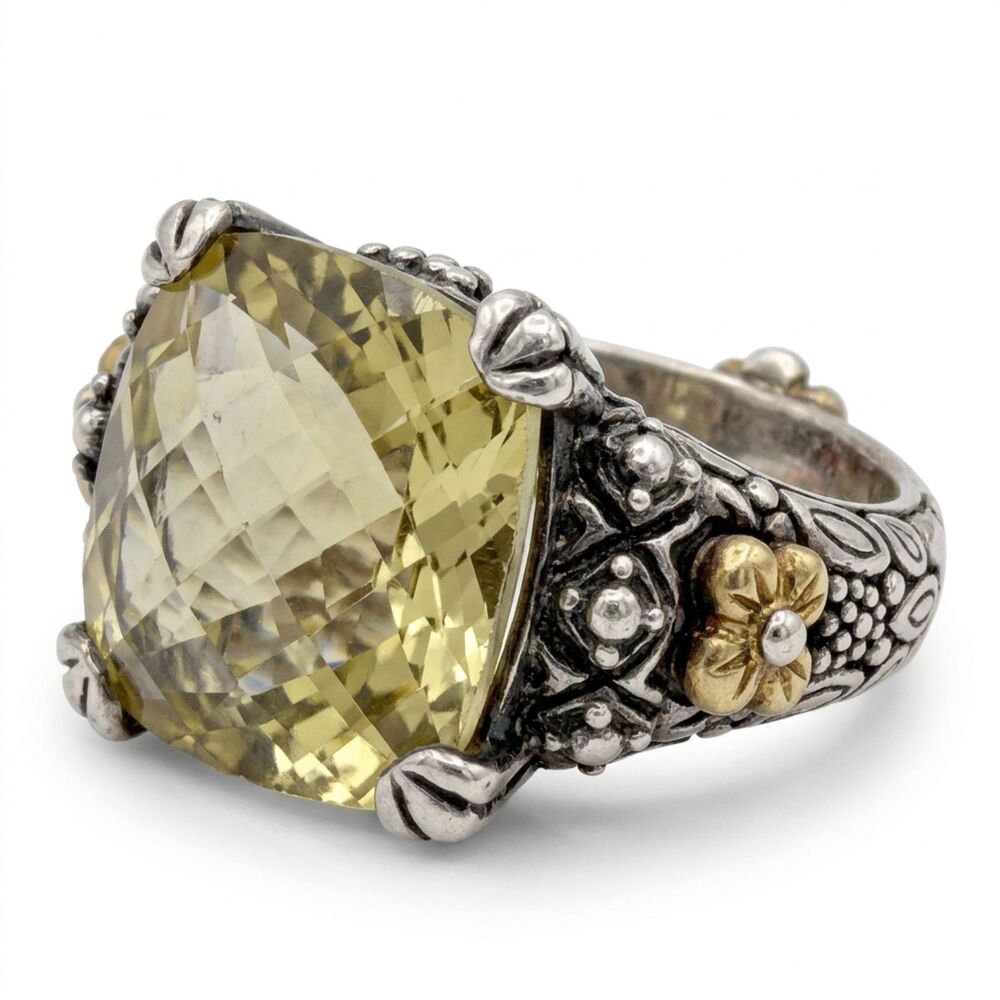 Barbara Bixby 925 Sterling 18K Gold Cushion Cut Lemon Quartz Statement Ring 5.75